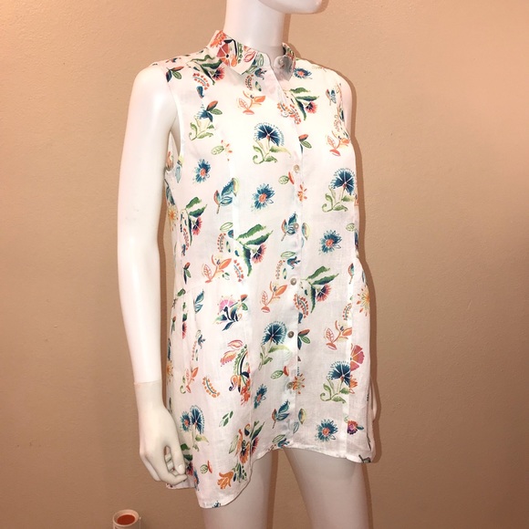 J. Jill Tops - J Jill Love Linen Sleeveless Blouse Size XS Oversized White Floral Button Up